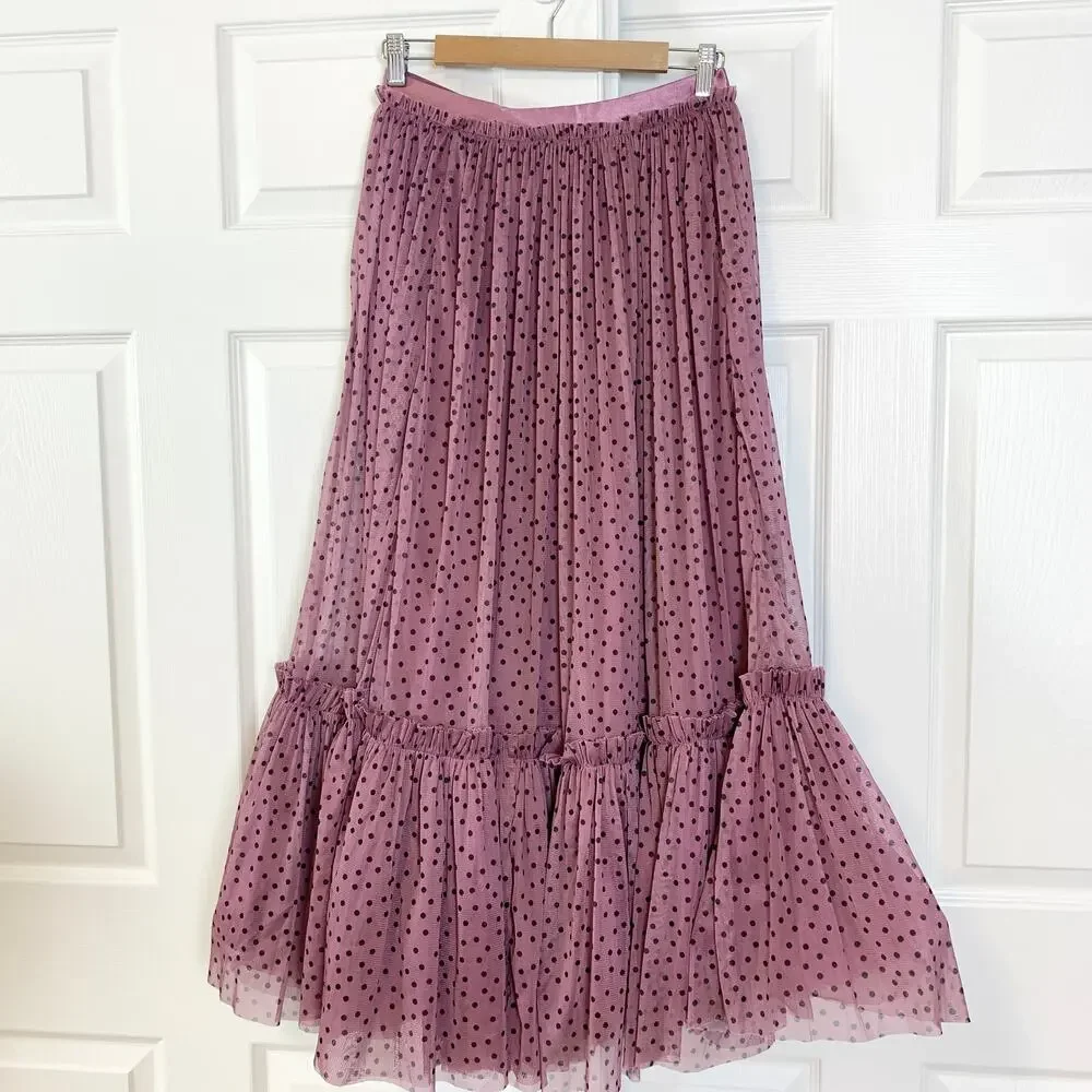 Anthropologie Maeve Tiered Tulle Polka Dot Midi Maxi Skirt Pink Purple Small